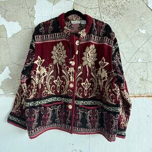 Vintage Tapestry Cardigan Jacket Womens L Boho Floral Jacquard Button Front Coat